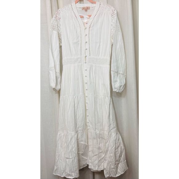NWT Philosophy Women's V-Neck Button Front Lace Tiered Dress White Size Medium